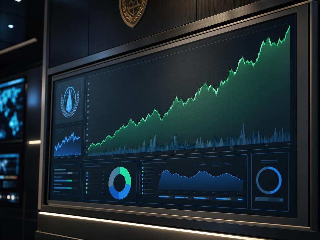 Panel de cartera simulada con gráfico de crecimiento y métricas de mercado