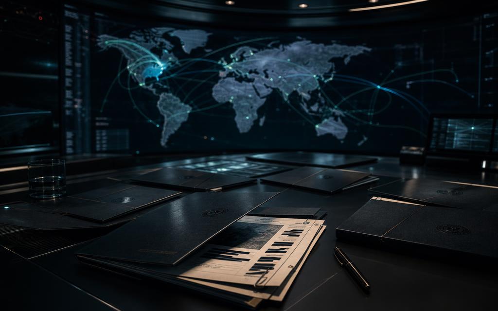 Mesa de operaciones de EIA con expedientes clasificados y mapa mundial de flujos económicos